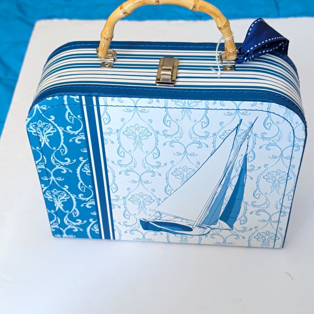 My Home Life Blue/White Nautical Sailboat Metal Box Bamboo Handle Lid Latch